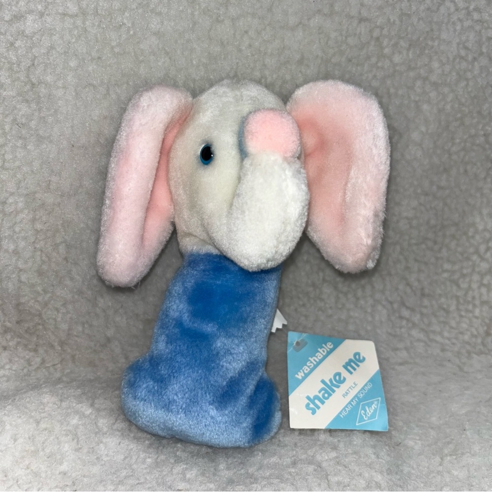 Eden Elephant plush rattle vintage with tags blue pink white 7"